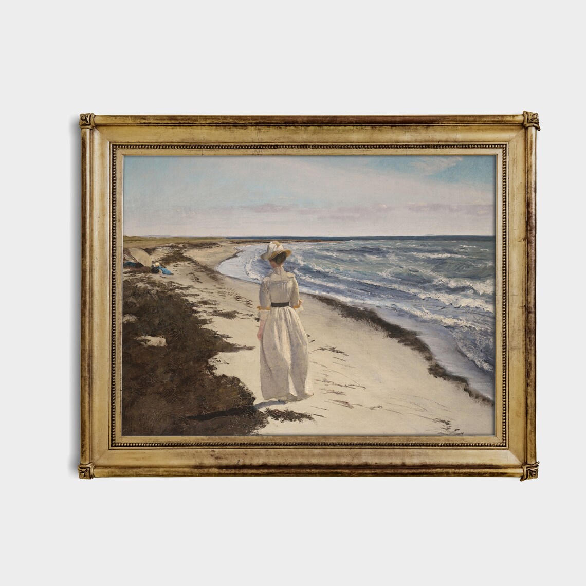 Woman in White Dress Walking the Beach Vintage Seascape Poster - Image 4