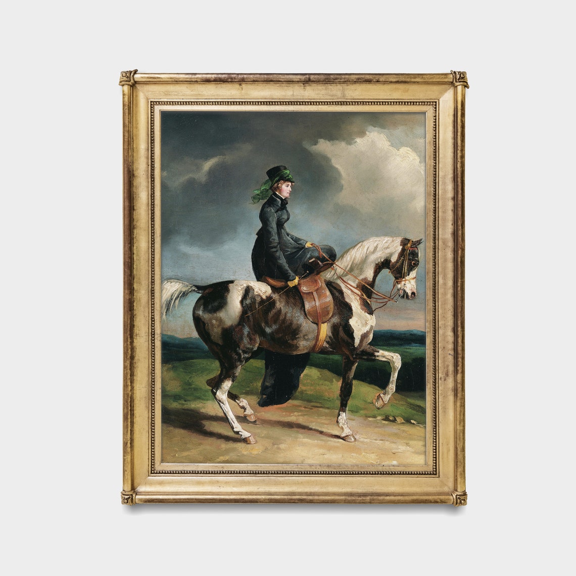 Woman in Riding Habit on a Piebald Horse Beneath Storm Clouds Poster - Image 2