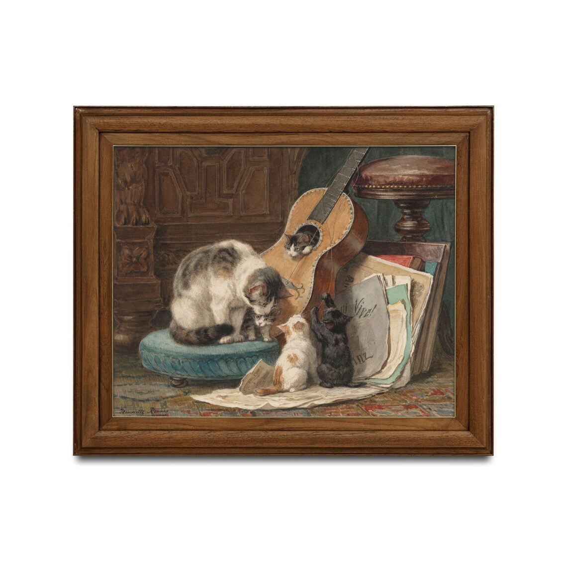 Vintage Mother Cat Kittens Playing Guitar Sheet Music Oil Painting Poster - Image 2