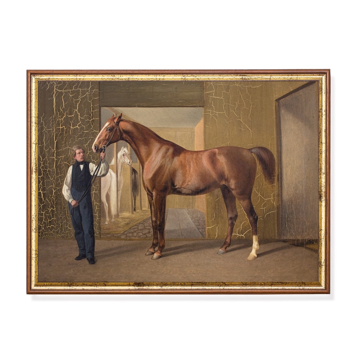 Chestnut Horse Held by a Groom in a Stable Doorway Equestrian Poster