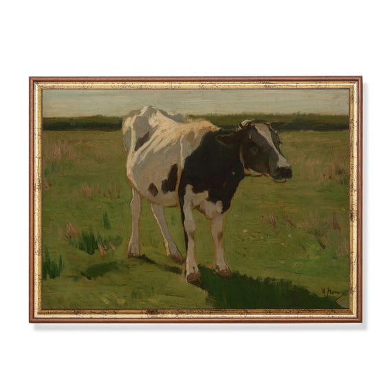 Print And Ship Vintage Cow Painting Antique Animal Print Moody Rustic Artwork Mailed Print Farmhouse Country Decor Fine Art
