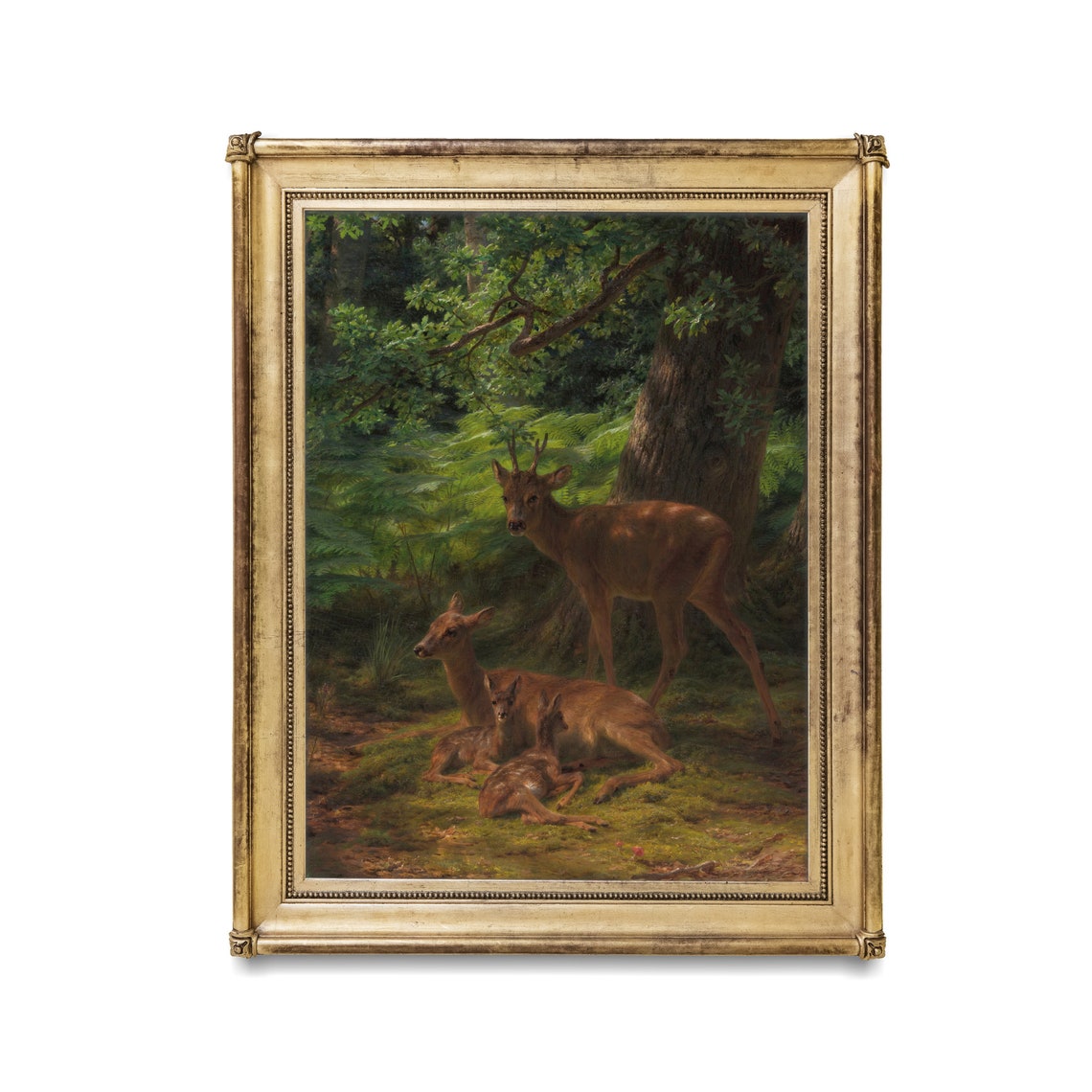 Buck Doe and Fawn in a Sunlit Forest Vintage Wildlife Poster - Image 2