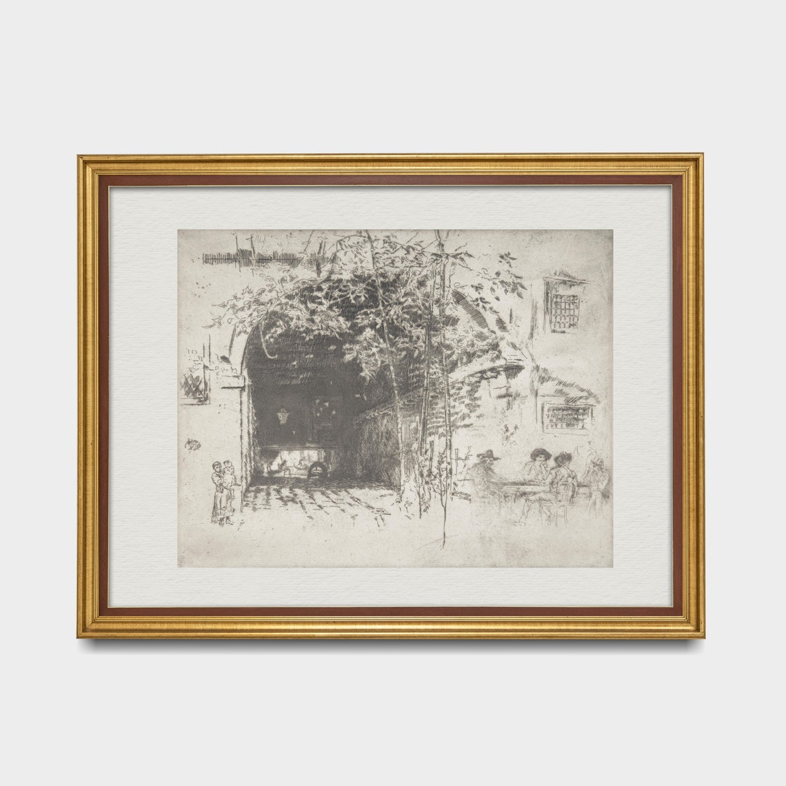 Arched Courtyard with Diners at Tables Vintage Etching Sketch Poster - Image 4