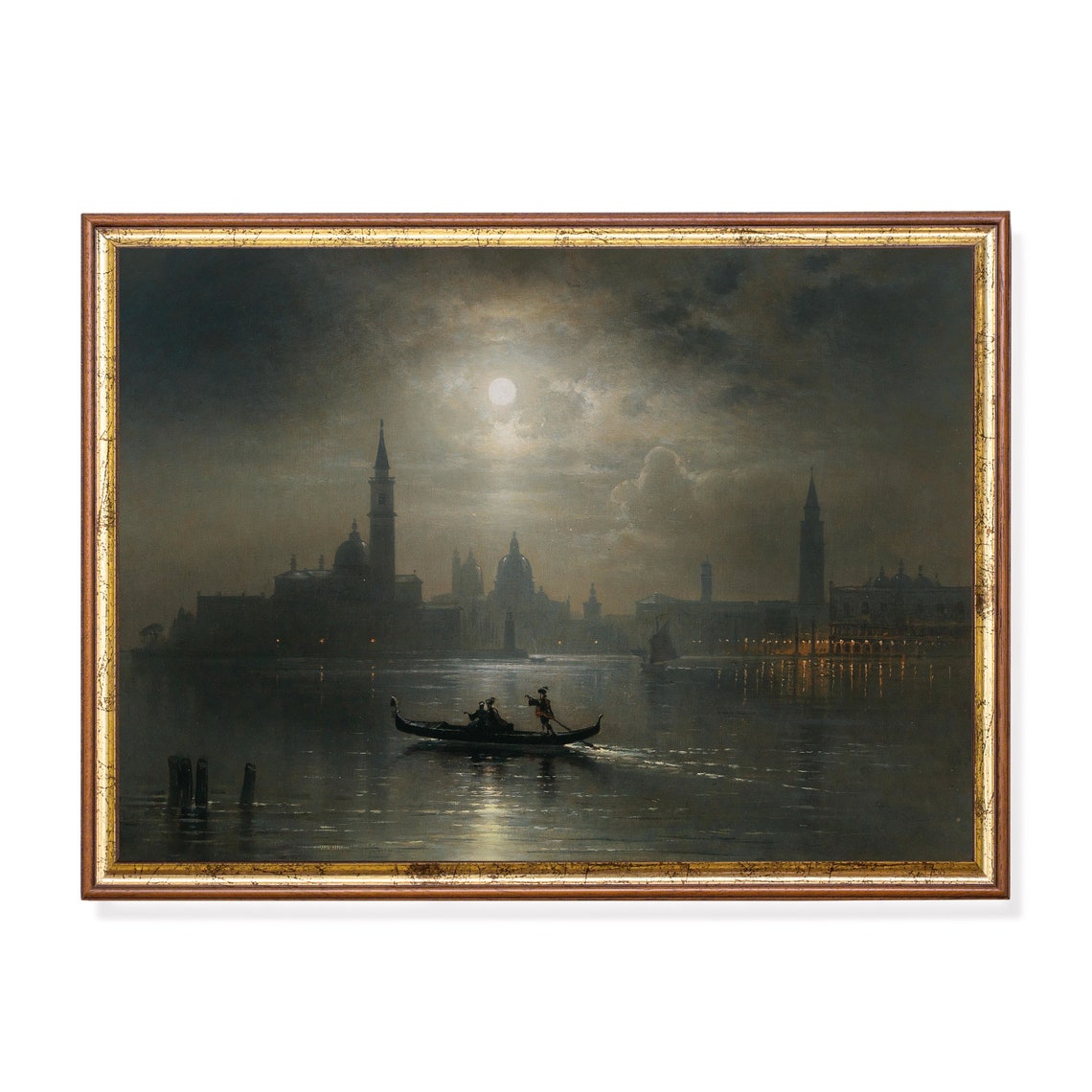 Venice Lagoon Under Full Moon Vintage Gondola Night Painting Poster