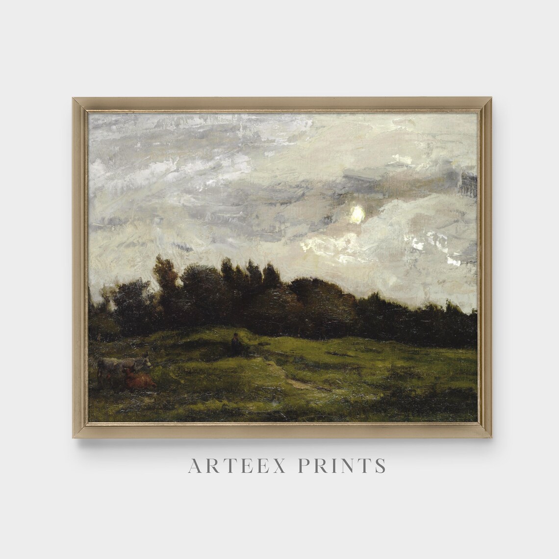 Moonlit Meadow with Cows Moody Antique Country Landscape Poster - Image 5