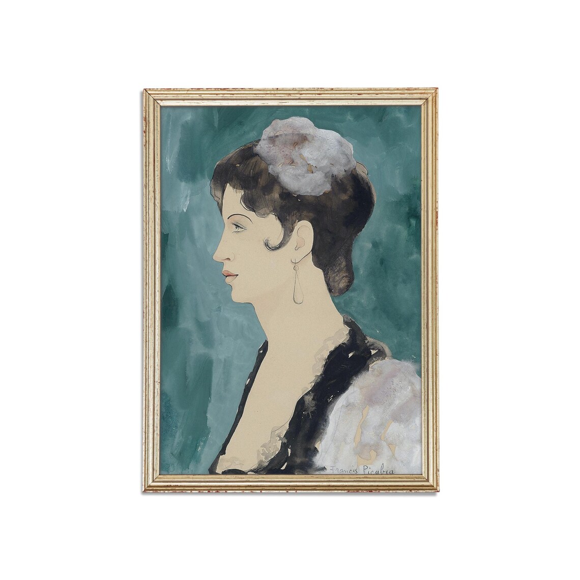 Francis Picabia Style Woman in Profile on Teal Portrait Poster - Image 3