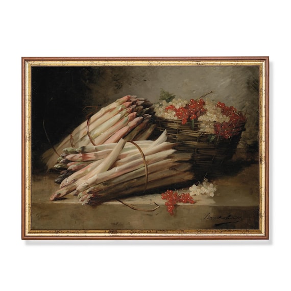 Print And Ship Still Life With Asparagus Vintage Wall Art Moody Rustic Painting Antique Fruits Print Kitchen Decor Physical Art