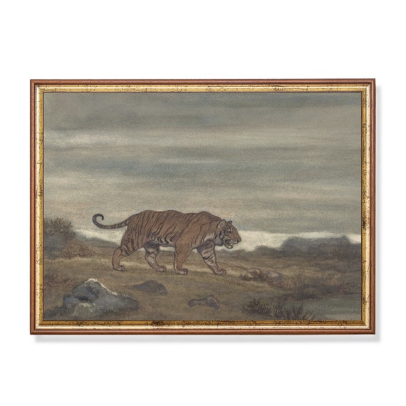 Printed And Shipped Tiger Painting Vintage Animal Print Moody Rustic Artwork Tiger By The Pool Farmhouse Decor Animal Lover Gift