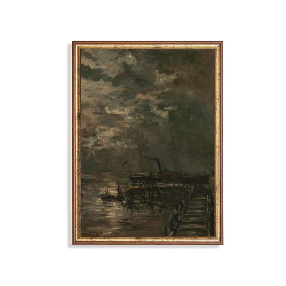 Mailed Print Vintage Seascape Painting Antique Sailing Boat Print Coastal Port Art Moody And Rustic Artwork Print And Ship