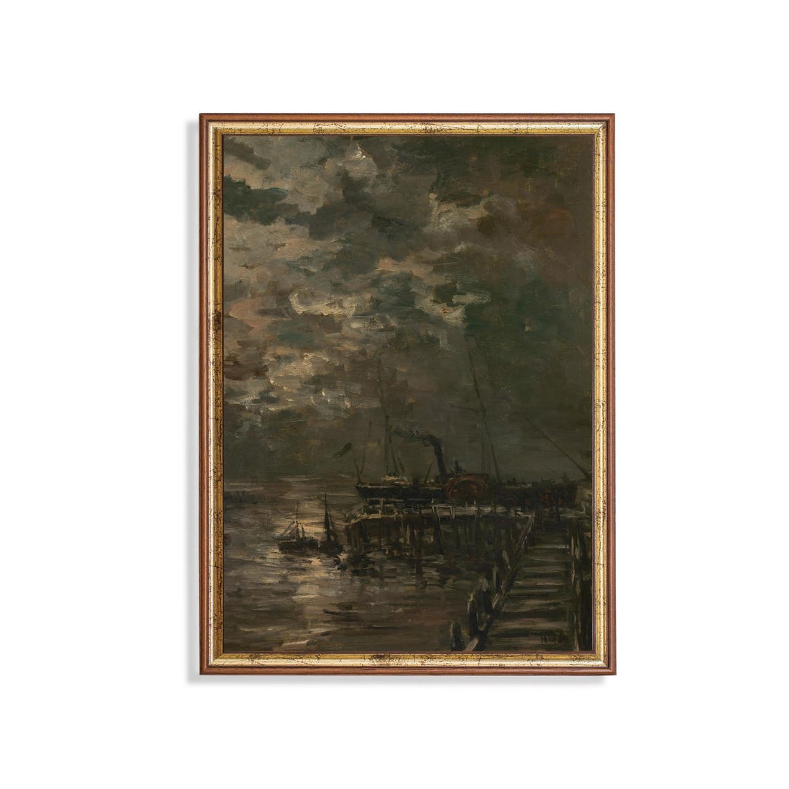 Moody Antique Harbor With Boats Under Dark Clouds Marine Poster