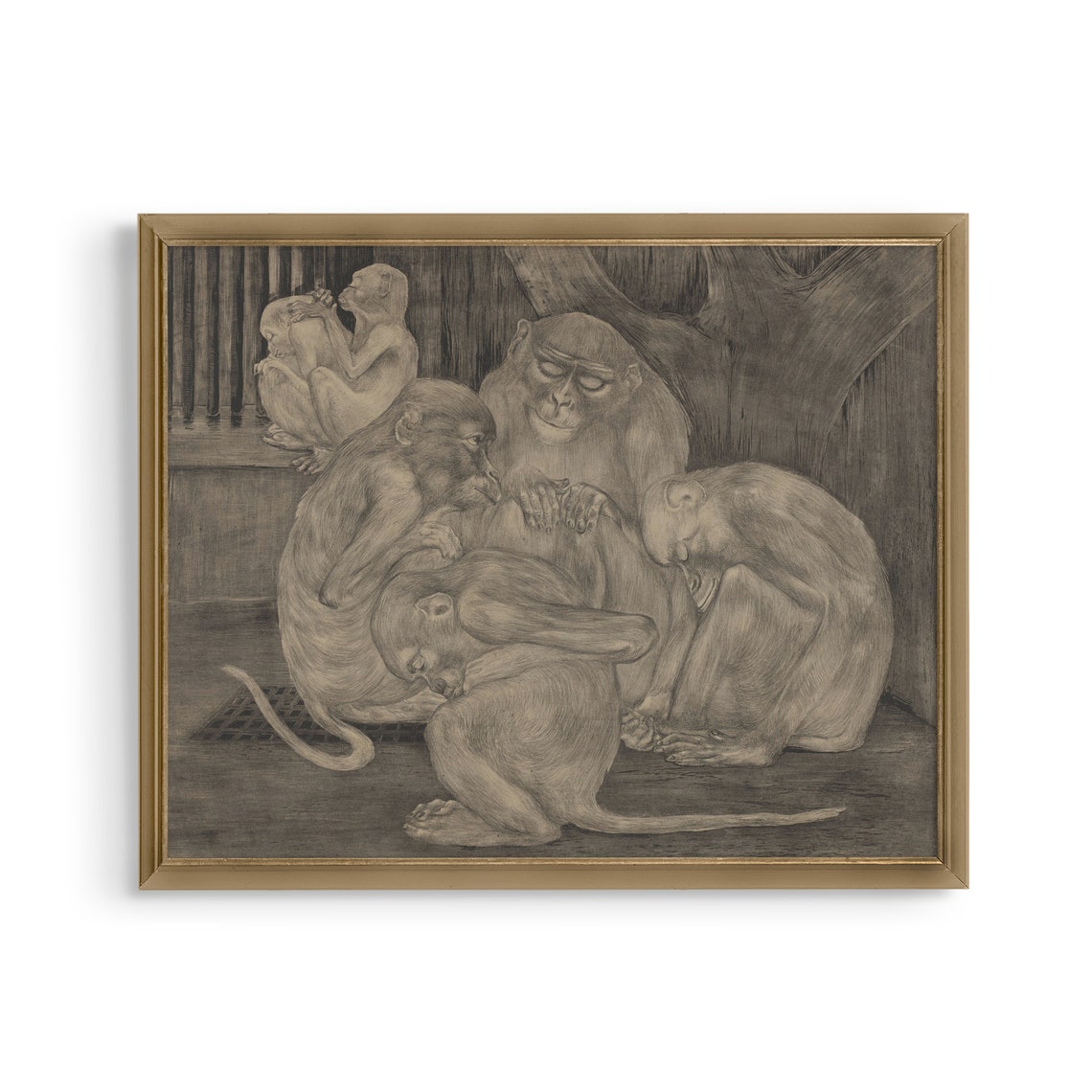 Mailed Print Vintage Monkeys Drawing Print Five Monkeys Sketch Antique Animal Print Moody Rustic Art Printed And Shipped - Image 3