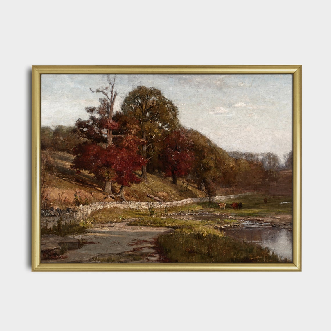 Autumn River Meadow with Red Maples and Grazing Cattle Poster - Image 5
