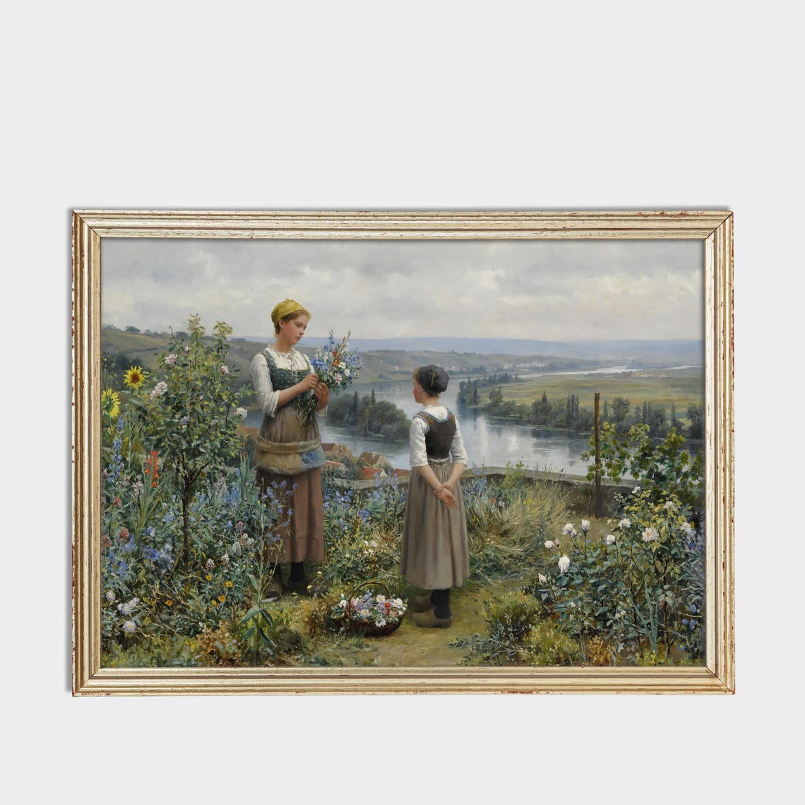 Women Picking Wildflowers Above a Wide River Valley Vintage Poster - Image 3