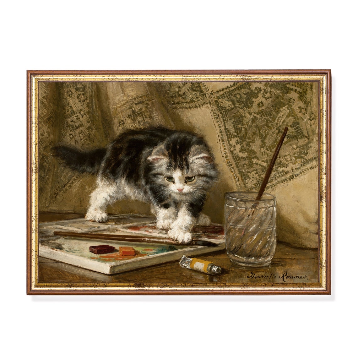 Kitten Walking on a Painter's Palette With Brushes Vintage Poster
