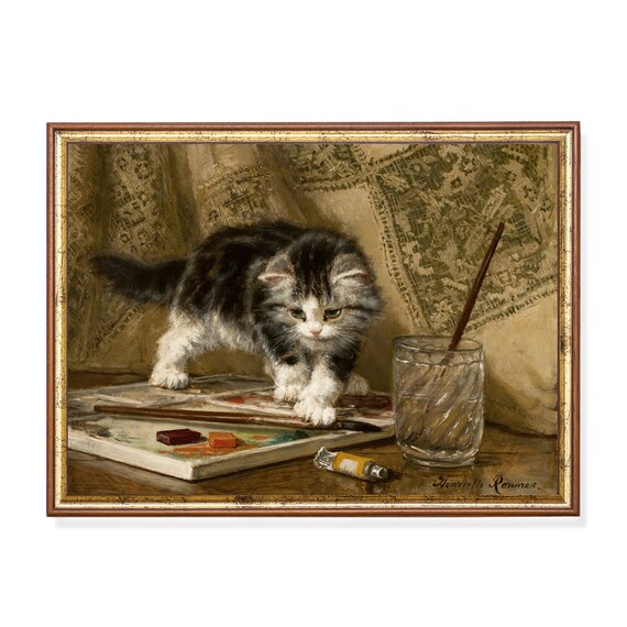 Kitten Walking on a Painter's Palette With Brushes Vintage Poster