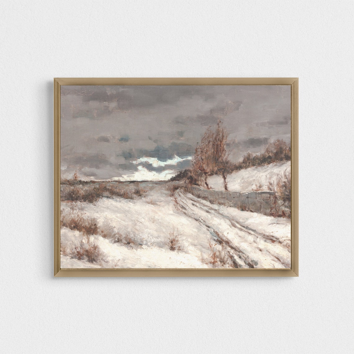 Snowy Hillside Under a Cloudy Sky Vintage Winter Painting Poster - Image 3