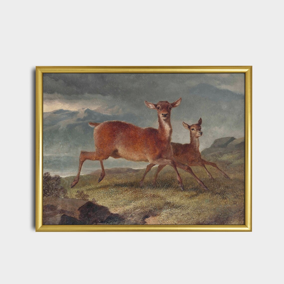 Two Deer Running Across Misty Moorland Vintage Animal Painting Poster - Image 2