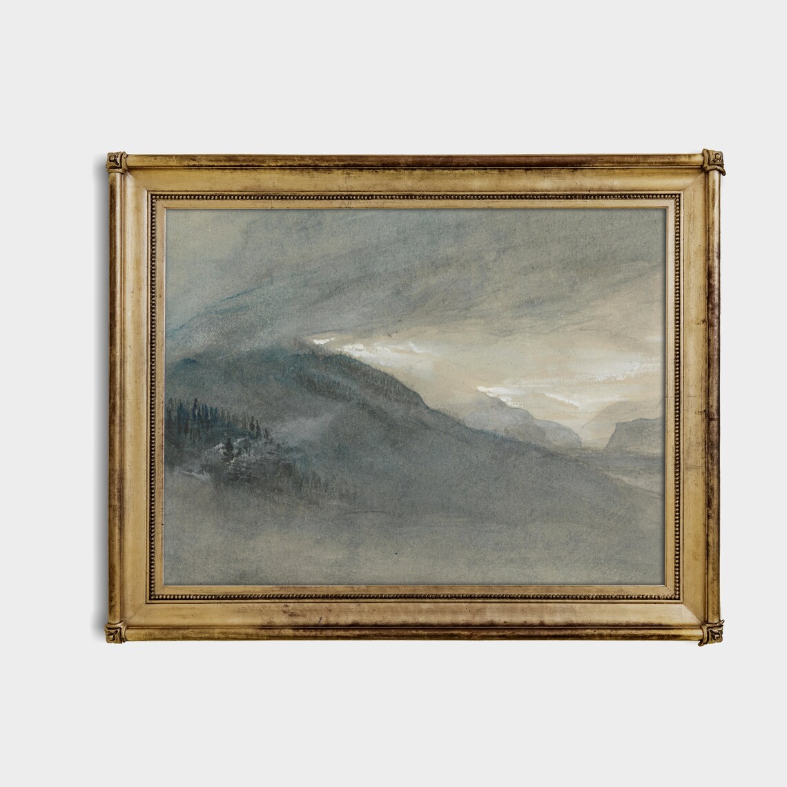 Foggy Grey Mountain Peaks Antique Watercolor Landscape Poster - Image 3