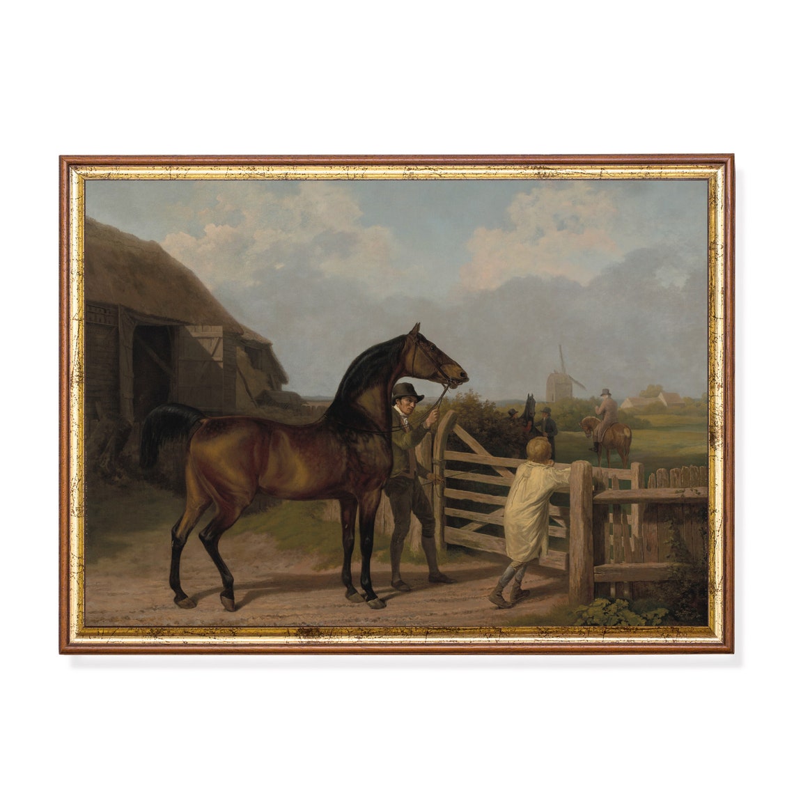 Groom Leading a Bay Horse Past the Gate Near the Windmill Poster