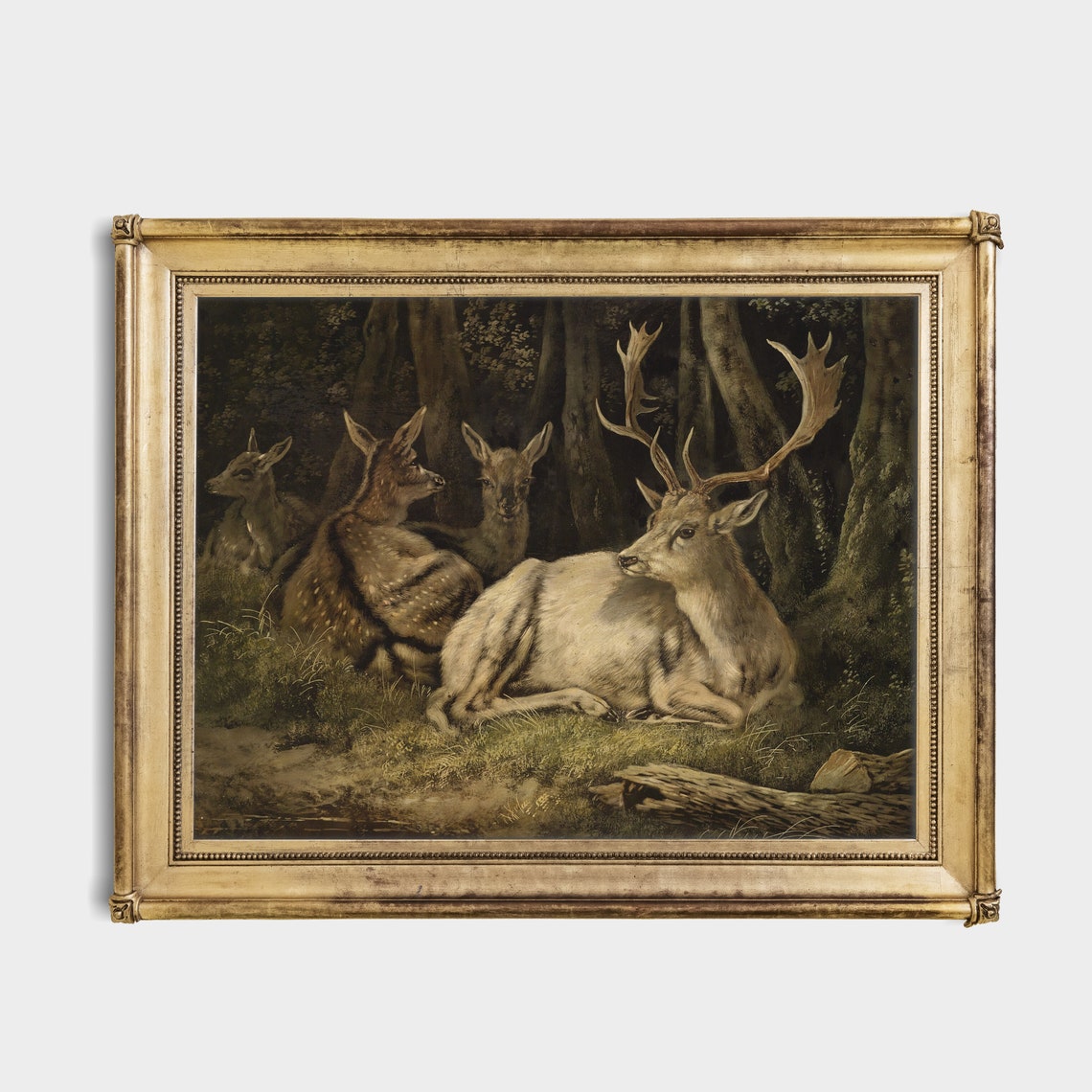 Stag and Does in Dark Forest Moody Vintage Wildlife Painting Poster - Image 4