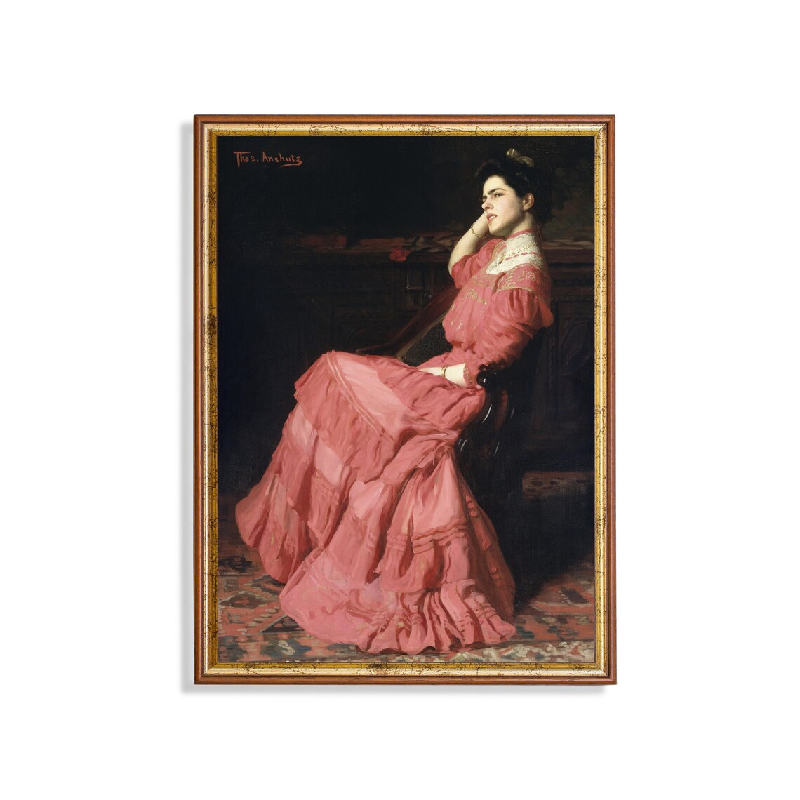 Woman in a Coral Ruffled Gown by Thomas Anshutz Antique Portrait Poster