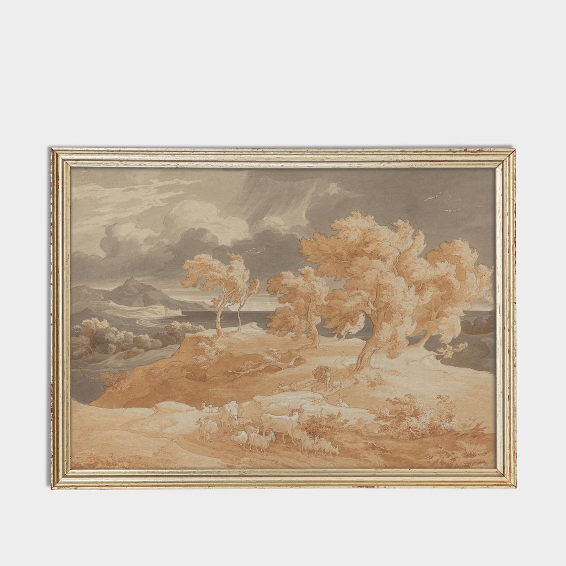 Shepherd with Sheep on Hillside Italian Sepia Landscape Poster - Image 3