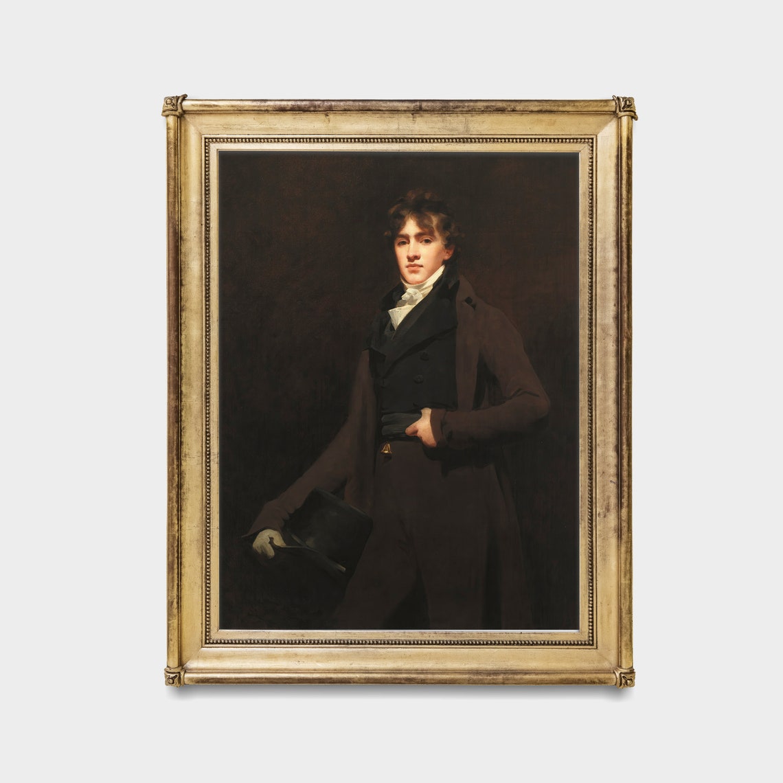Elegant Regency Era Gentleman in Dark Coat Holding a Top Hat Poster - Image 3