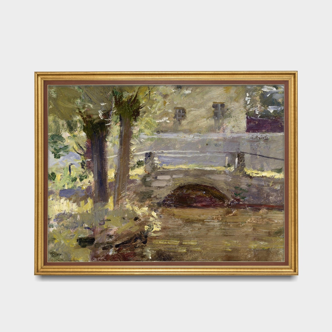 Stone Bridge Over River Beside Village Vintage Landscape Poster - Image 3