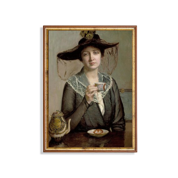 Elegant Woman in a Veiled Hat Drinking Tea Vintage Portrait Poster