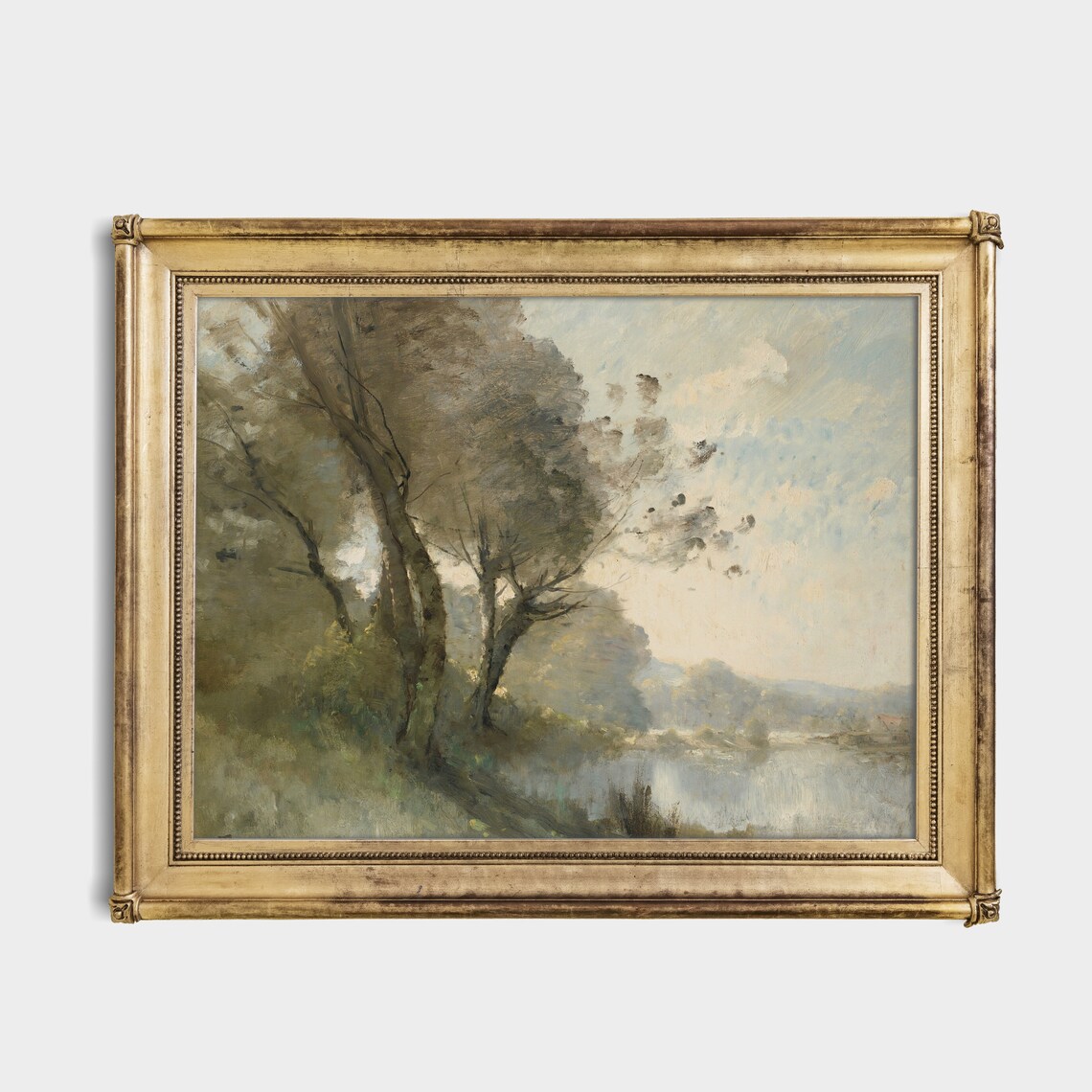 Misty Riverside Trees in Soft Gray and Green Vintage Landscape Poster - Image 2