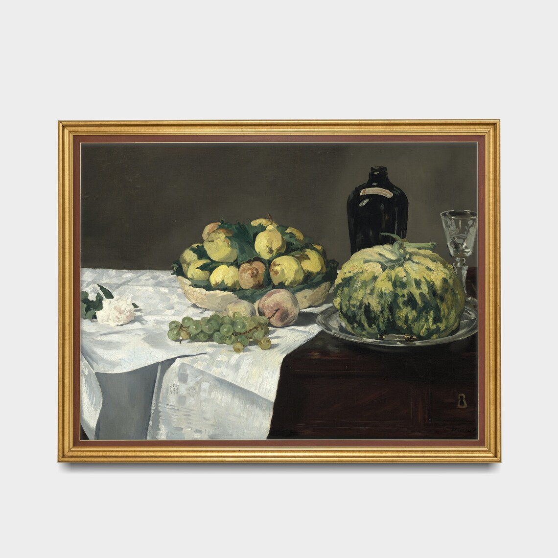 Vintage Still Life With Melon And Peaches Antique Fruit Painting Farmhouse Rustic Kitchen Decor Wall Art - Image 2