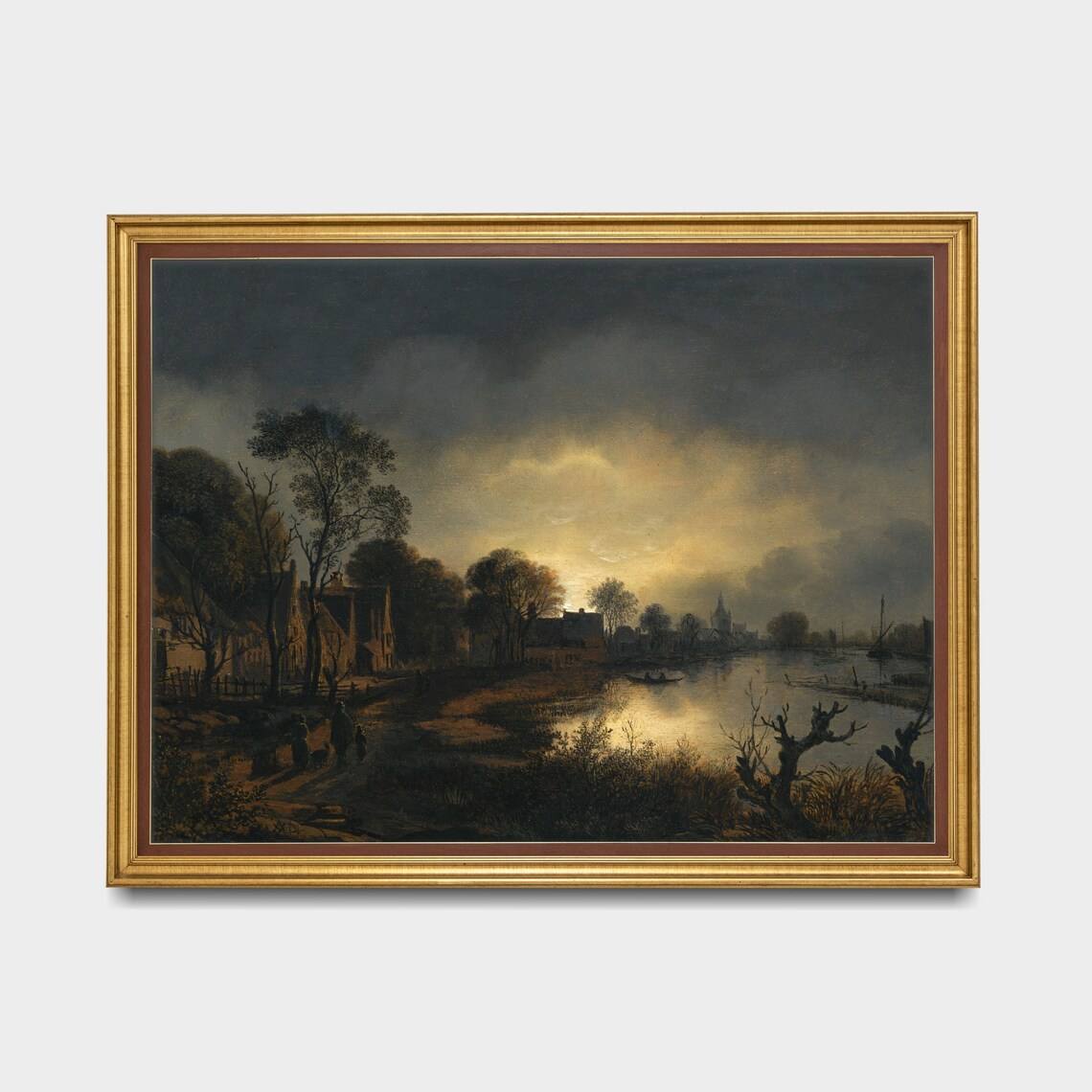 Moonlit Riverside Village Vintage Painting Glowing Night Sky Poster - Image 3