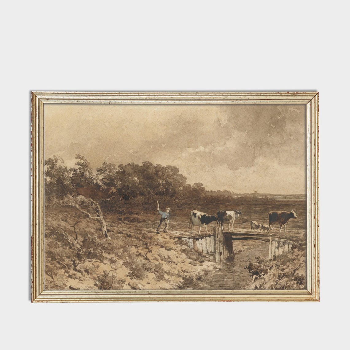 Boy Herding Cows Across Bridge Sepia Country Sketch Art Poster - Image 3