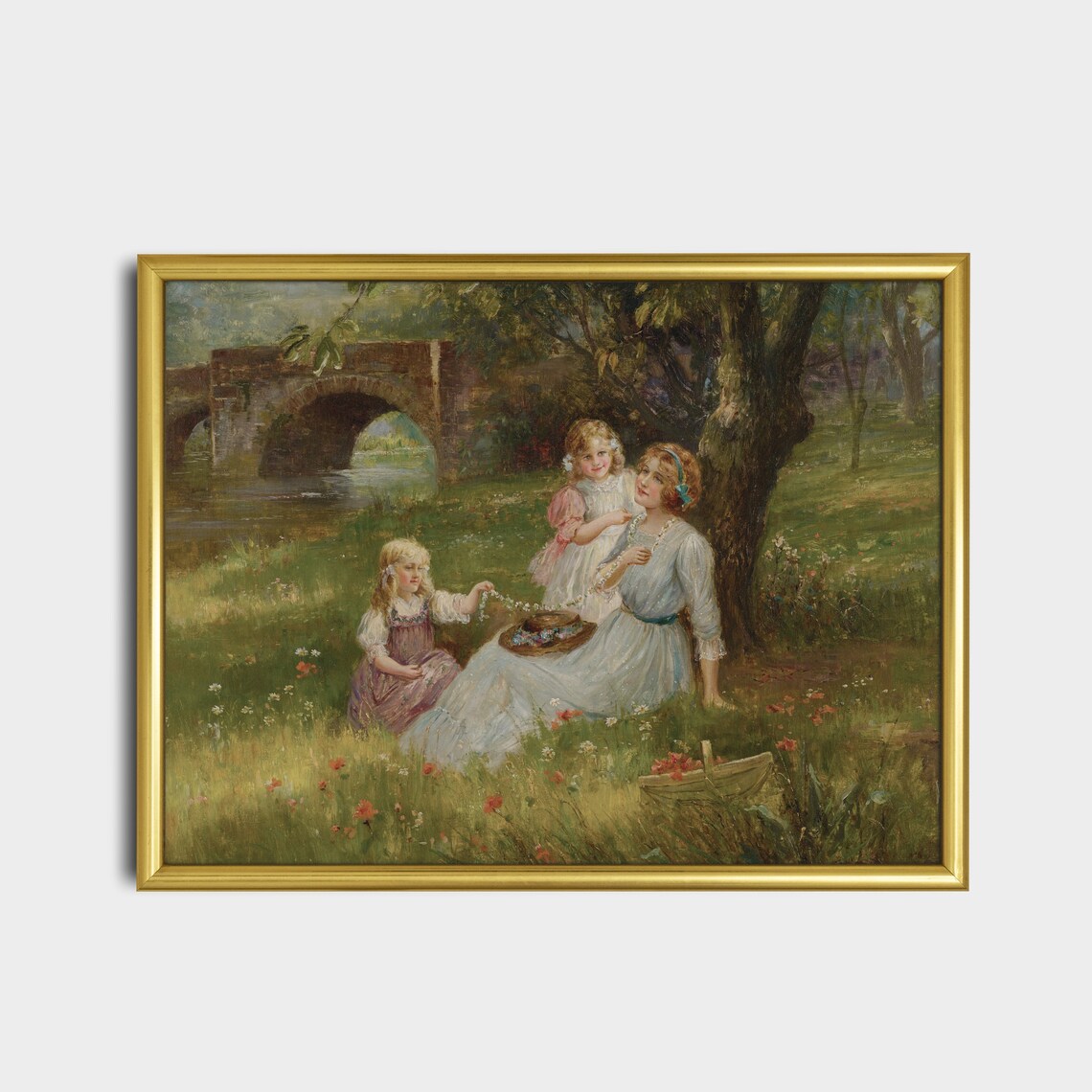 Mother And Daughters Picnic By Bridge Vintage Painting Poster - Image 5
