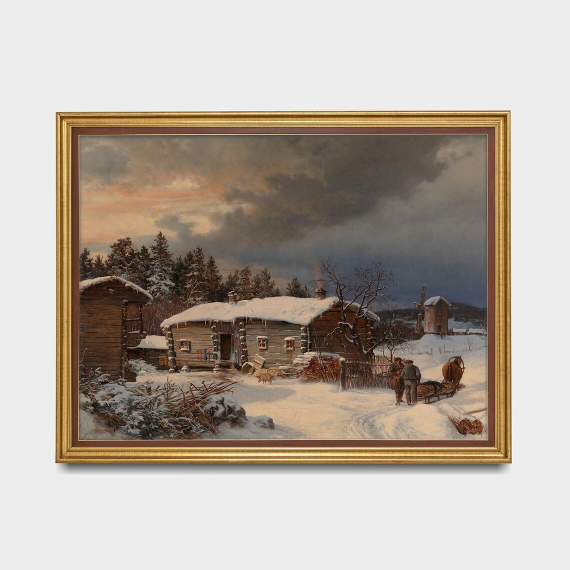 Snowy Log Cabin Farmstead at Dusk Winter Homestead Art Poster - Image 5