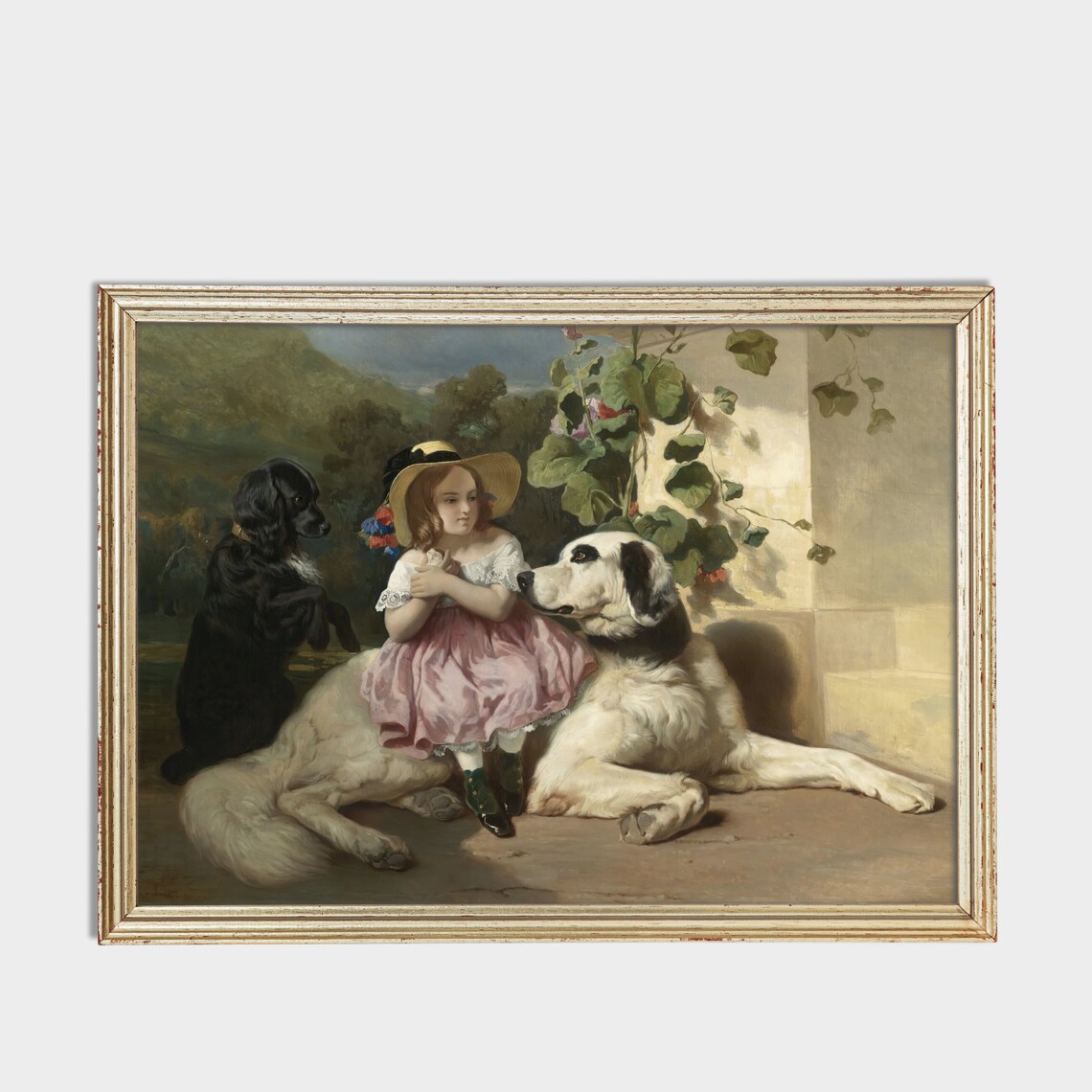 Little Girl With Two Big Dogs Victorian Genre Scene Painting Poster - Image 3