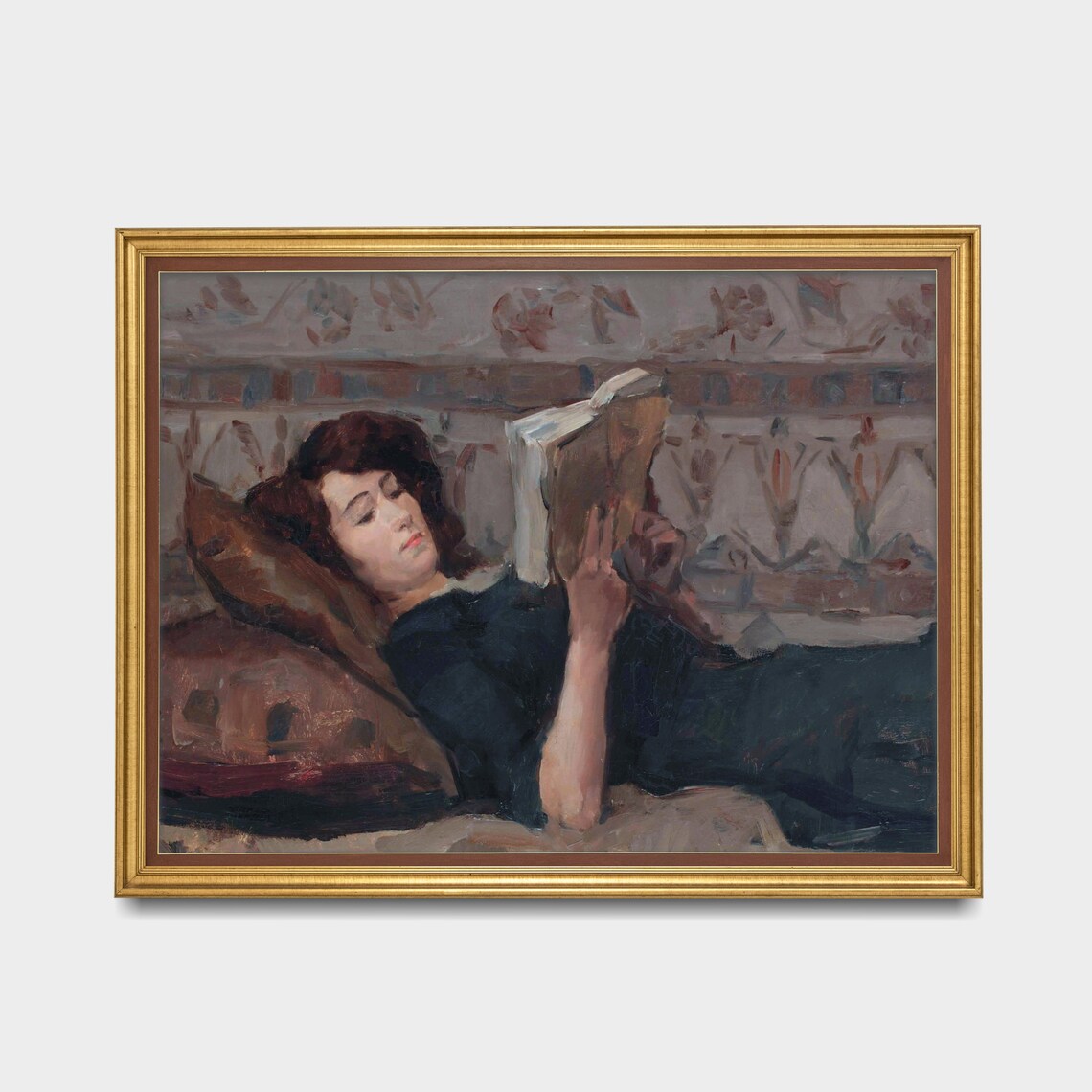 Woman Reading on a Chaise Longue Patterned Wallpaper Vintage Oil Print - Image 3