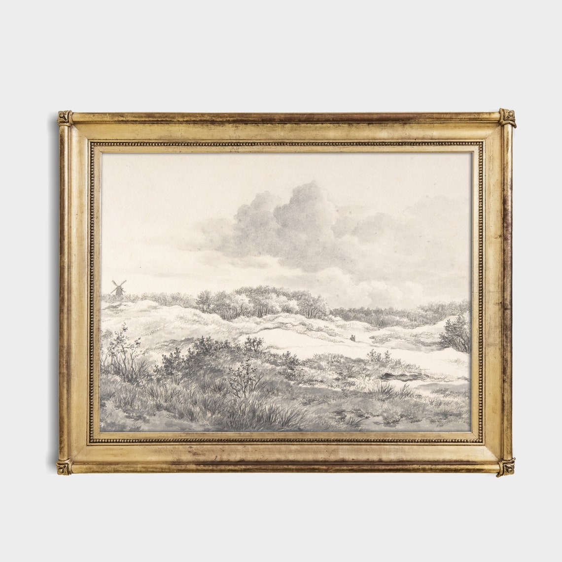 Dutch Dunes with Windmill Delicate Monochrome Pencil Sketch Poster - Image 2