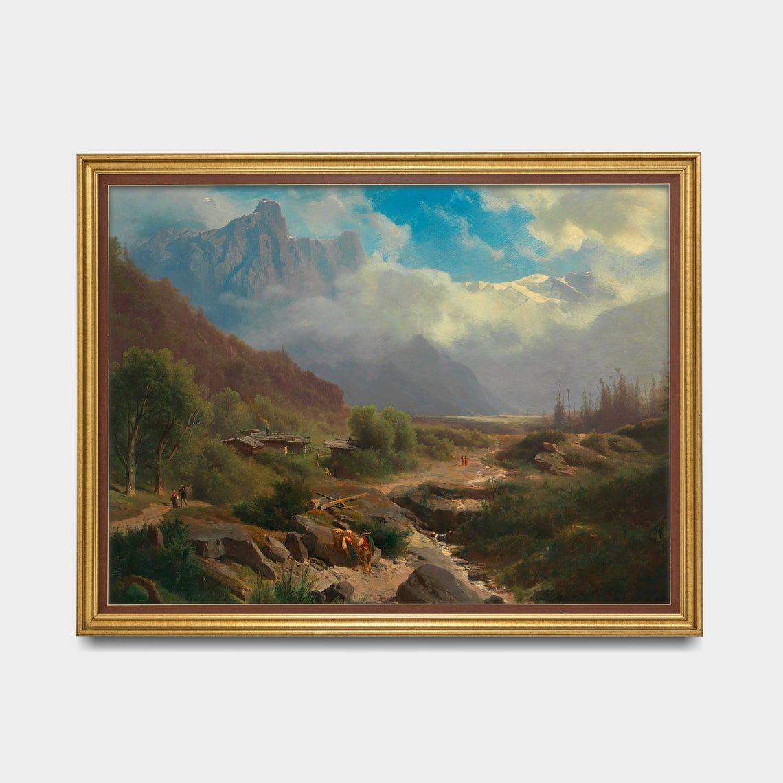 Alpine Valley with Cabins and Stream Vintage Mountain Landscape Poster - Image 3