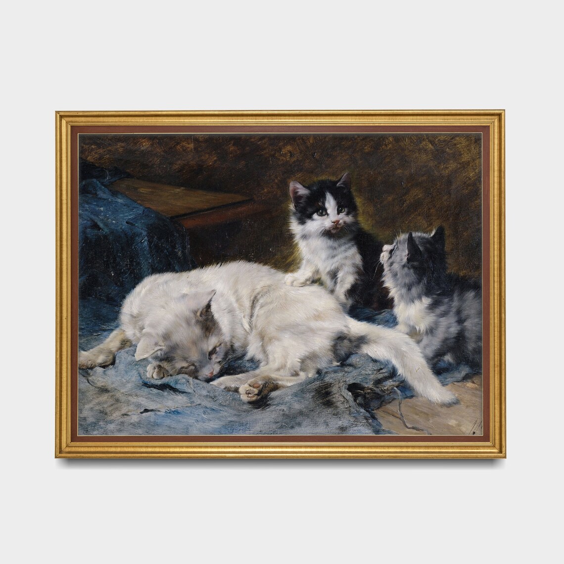 White Cat Resting with Two Kittens on Blue Fabric Vintage Animal Poster - Image 3