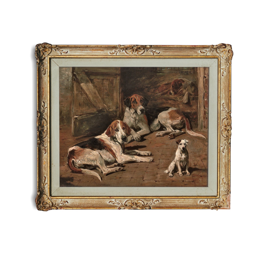 Resting Foxhounds and Terrier in Kennel Vintage Dog Painting Poster - Image 3