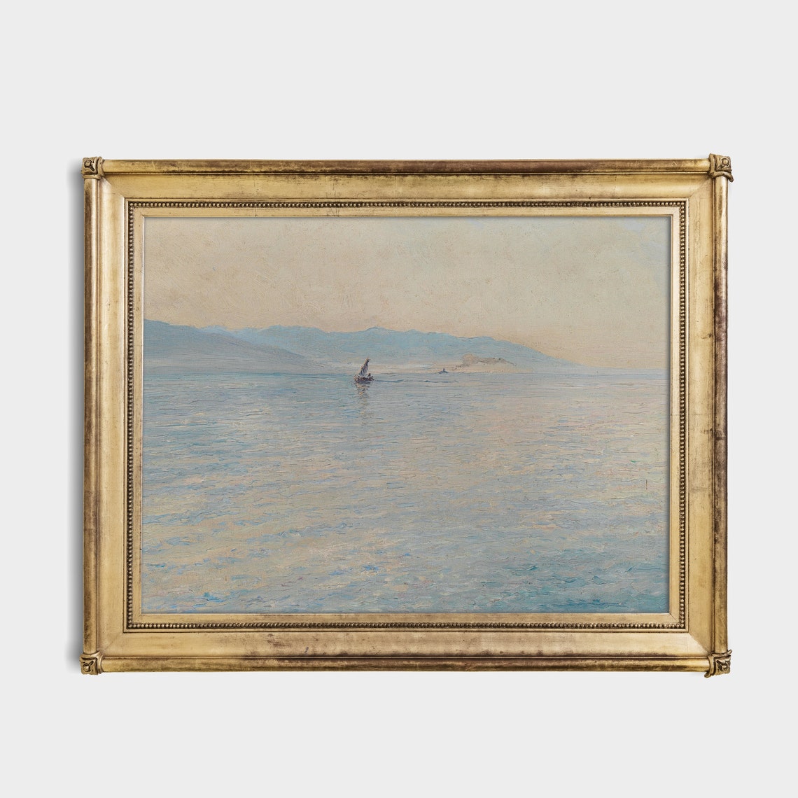 Lone Sailboat On Calm Misty Sea With Distant Hills Minimal Poster - Image 4