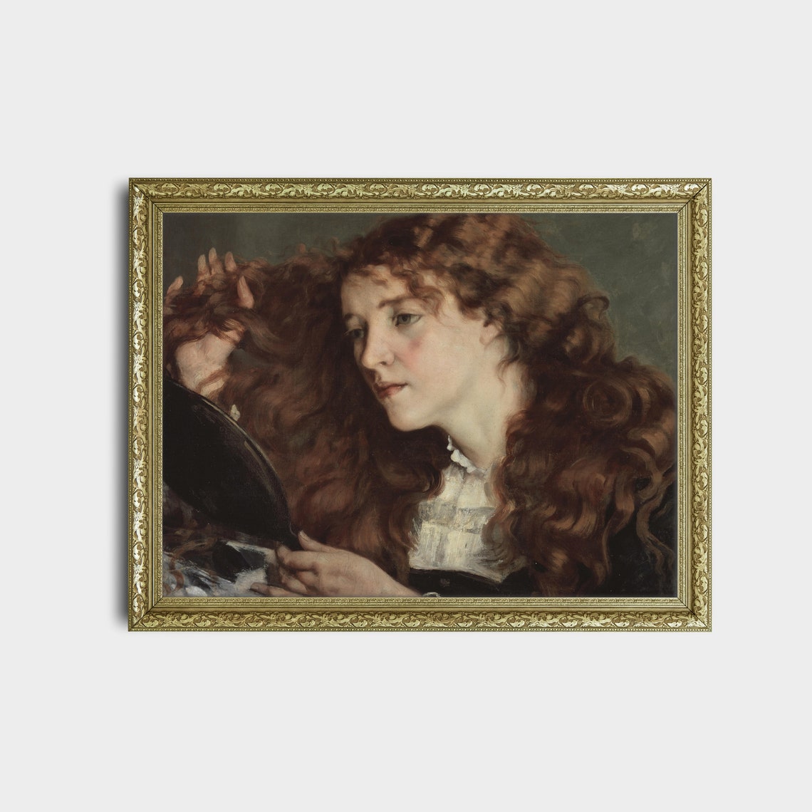 Red Haired Woman Combing Her Long Curls Antique Portrait Poster - Image 2
