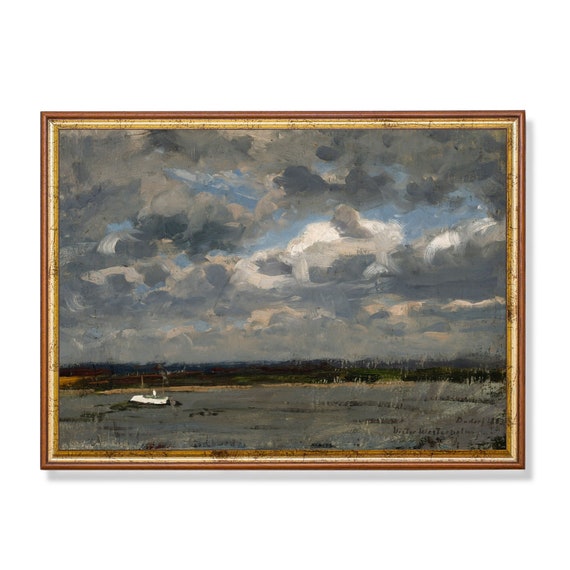 Vintage Seascape Painting Antique Ocean Beach Print Moody Rustic Coastal Oil Painting Print Wall Art
