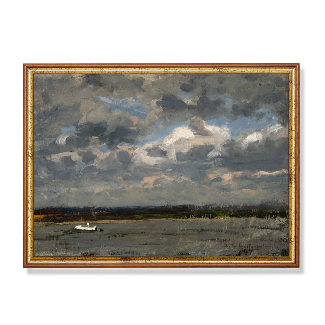Dramatic Stormy Sky Over Water Painting Moody Clouds Wall Art