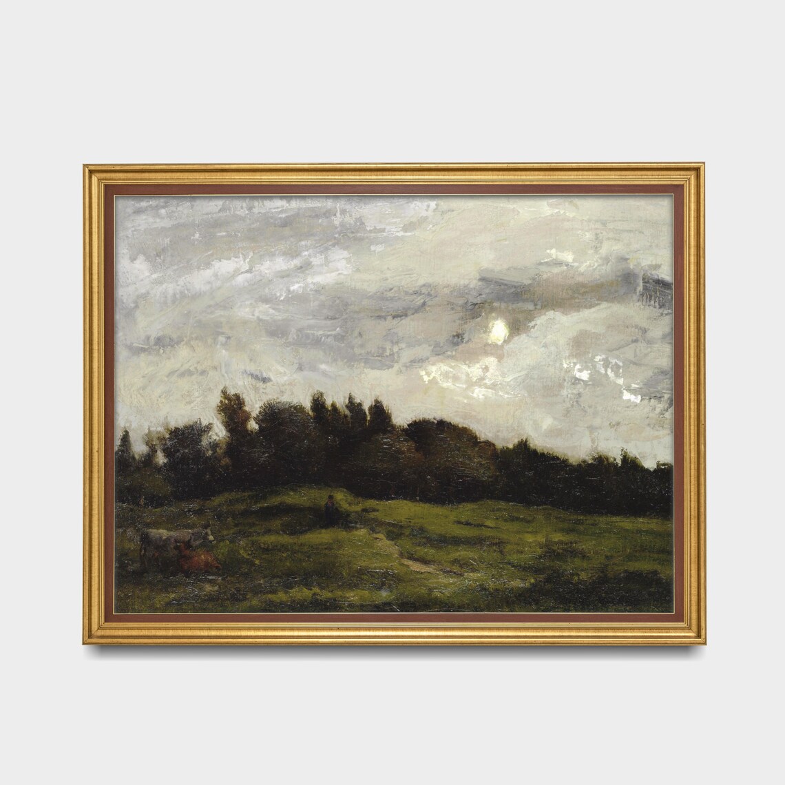 Moonlit Meadow with Cows Moody Antique Country Landscape Poster - Image 3