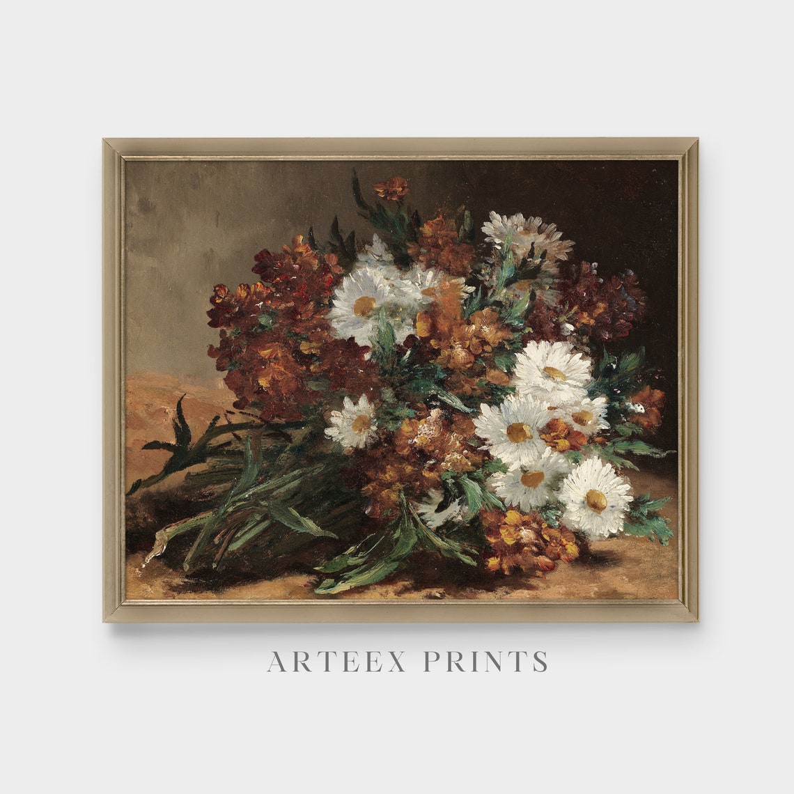 Daisies and Rust-Colored Flowers Bouquet Lying on a Table Poster - Image 3