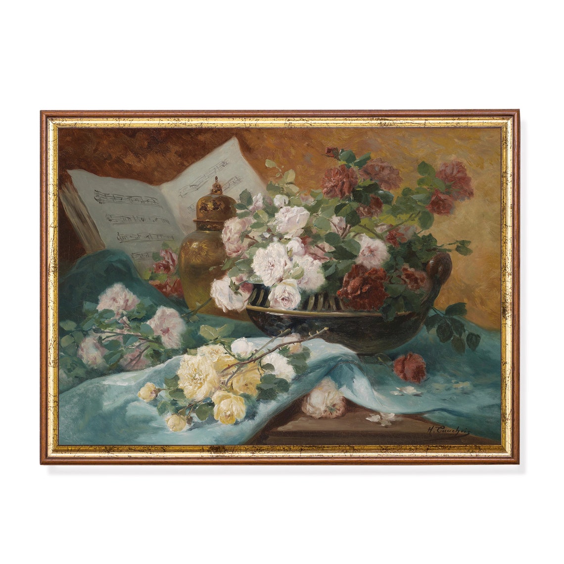 Antique Roses Still Life With Sheet Music and Brass Vase Poster