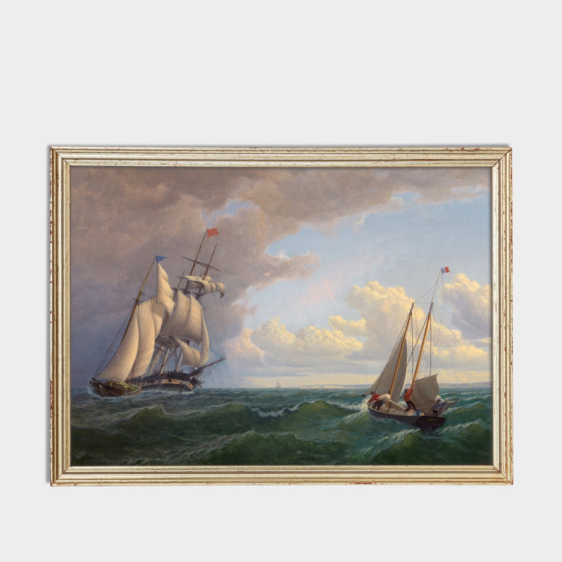Tall Ship and Sloop Sailing Together on Rolling Waves Poster - Image 5