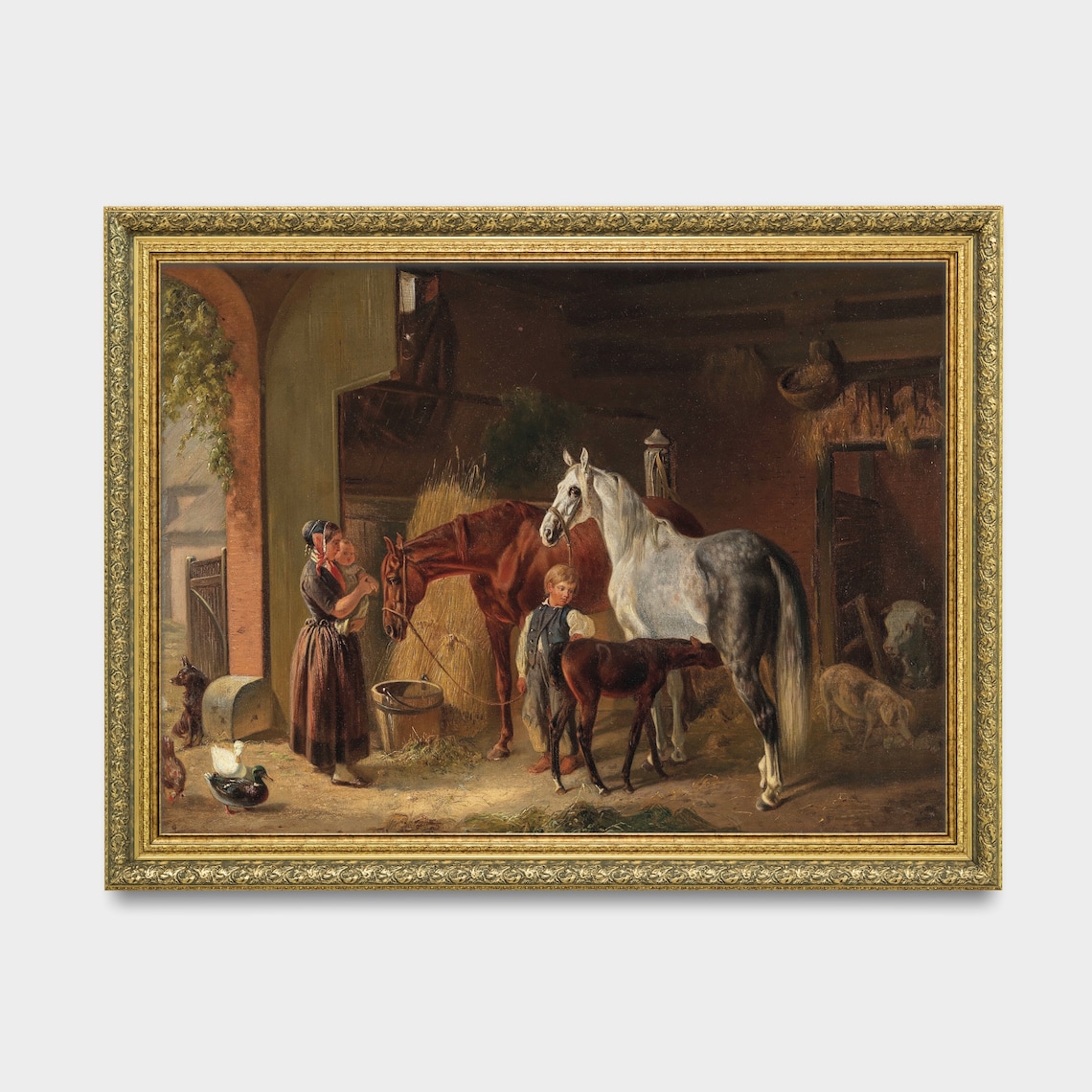 Horses in Stable with Foal Vintage Barnyard Scene Painting Poster - Image 3